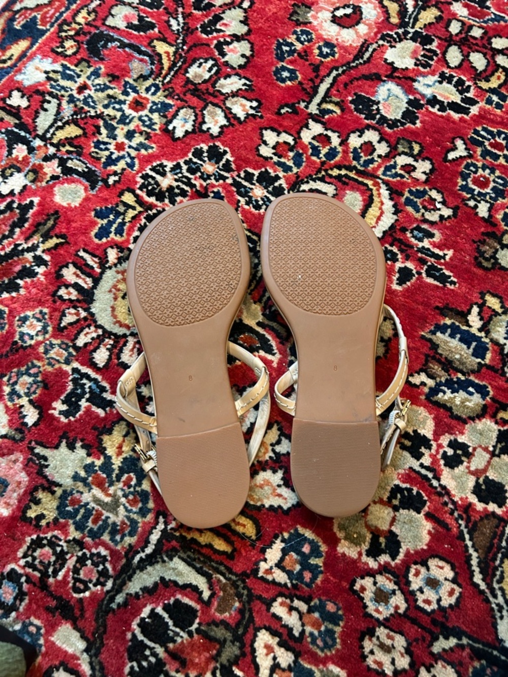 Tory Burch Nude/Beige Patent Logo Thong Sandals with Gold Medallion - Picture 5 of 5